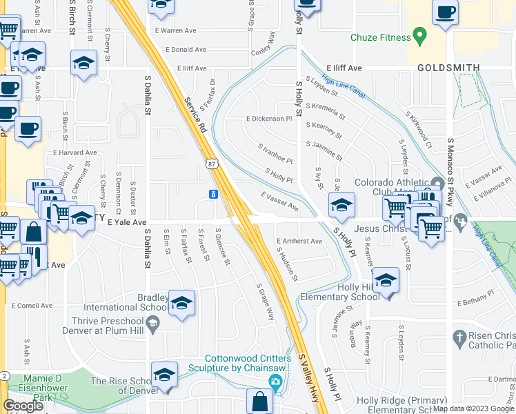 map of restaurants, bars, coffee shops, grocery stores, and more near 5400 East Yale Avenue in Denver
