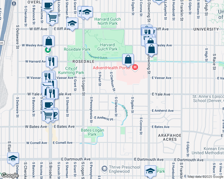 map of restaurants, bars, coffee shops, grocery stores, and more near 2710 South Washington Street in Englewood