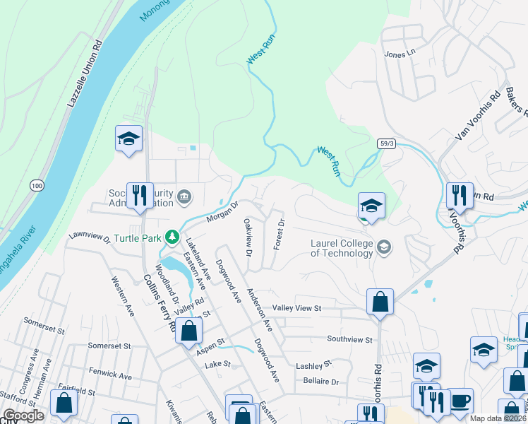map of restaurants, bars, coffee shops, grocery stores, and more near 115 Forest Drive in Morgantown