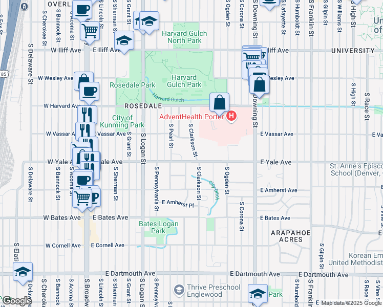 map of restaurants, bars, coffee shops, grocery stores, and more near 2710 South Washington Street in Englewood