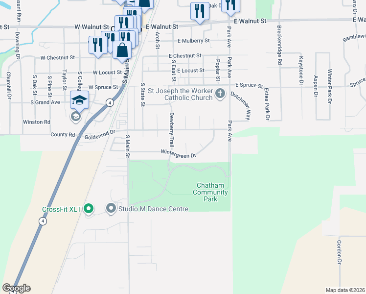 map of restaurants, bars, coffee shops, grocery stores, and more near 416 Wintergreen Drive in Chatham
