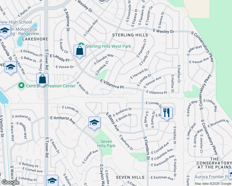 map of restaurants, bars, coffee shops, grocery stores, and more near 19305 East Linvale Place in Aurora