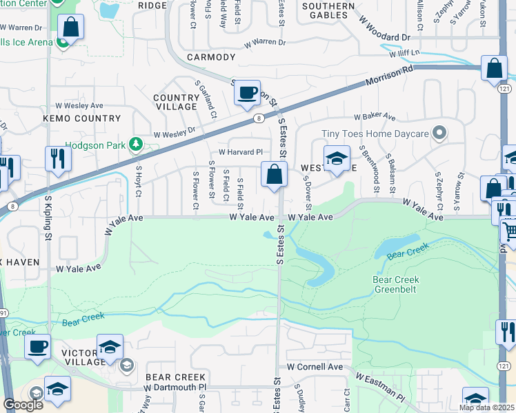 map of restaurants, bars, coffee shops, grocery stores, and more near in Denver