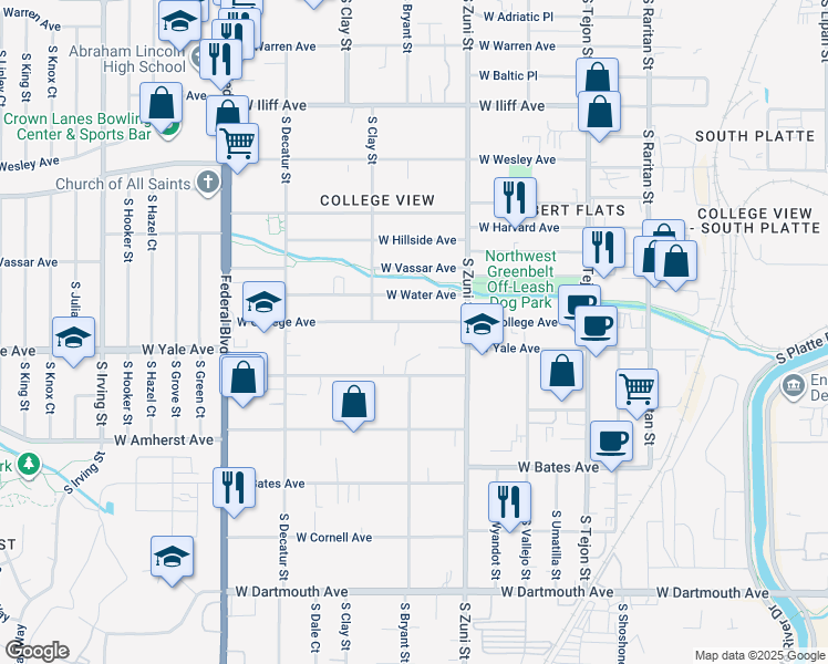 map of restaurants, bars, coffee shops, grocery stores, and more near 2570 West College Avenue in Denver