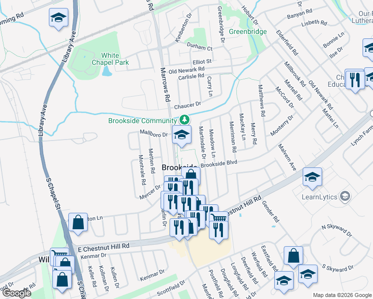 map of restaurants, bars, coffee shops, grocery stores, and more near 800 Marrows Road in Newark