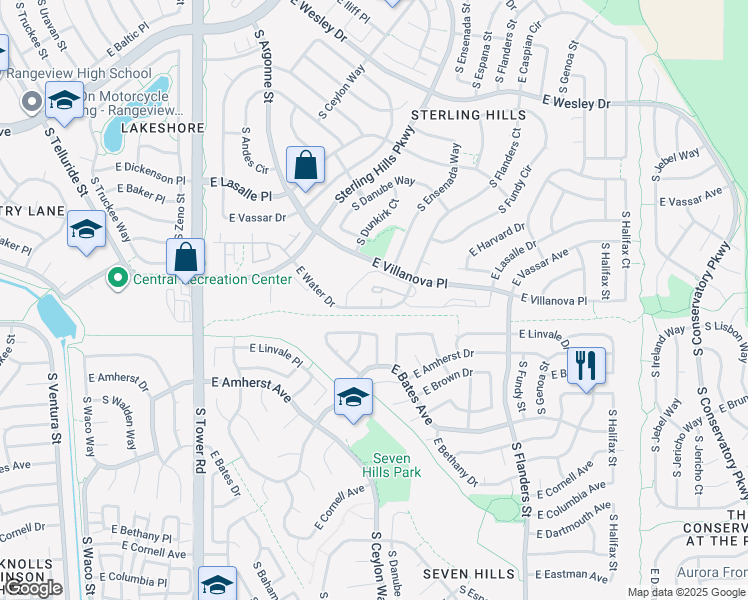 map of restaurants, bars, coffee shops, grocery stores, and more near 2672 South Cathay Way in Aurora