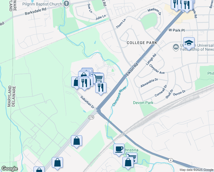 map of restaurants, bars, coffee shops, grocery stores, and more near 1102 Millstone Drive in Newark