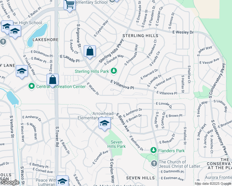 map of restaurants, bars, coffee shops, grocery stores, and more near 2675 South Danube Way in Aurora