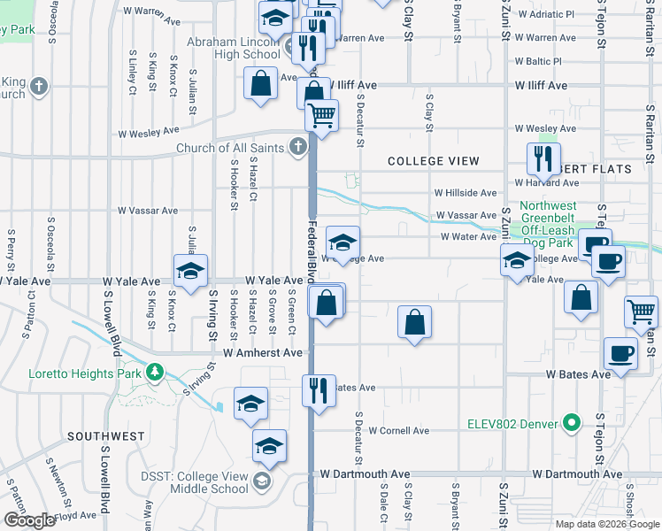 map of restaurants, bars, coffee shops, grocery stores, and more near 2909 West College Avenue in Denver
