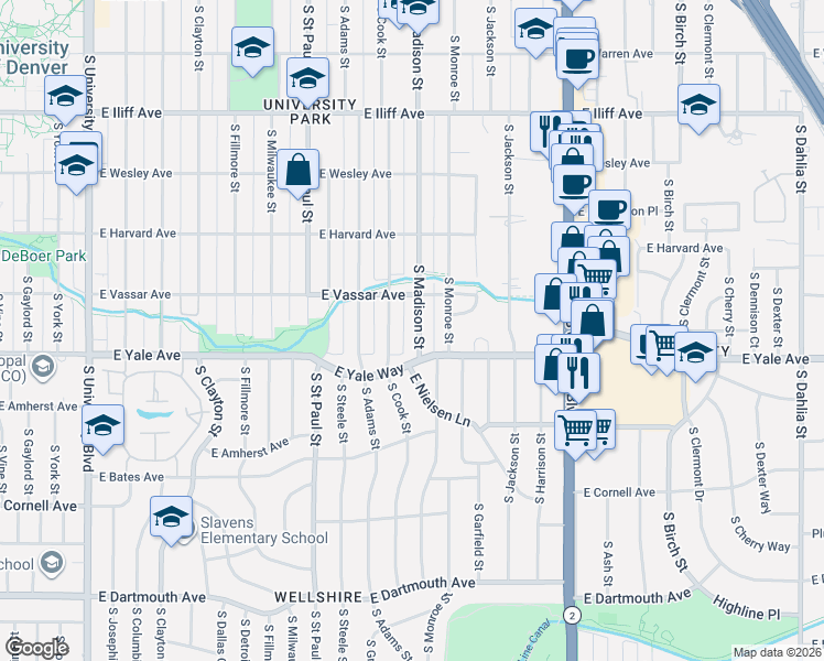 map of restaurants, bars, coffee shops, grocery stores, and more near 2614 South Cook Street in Denver