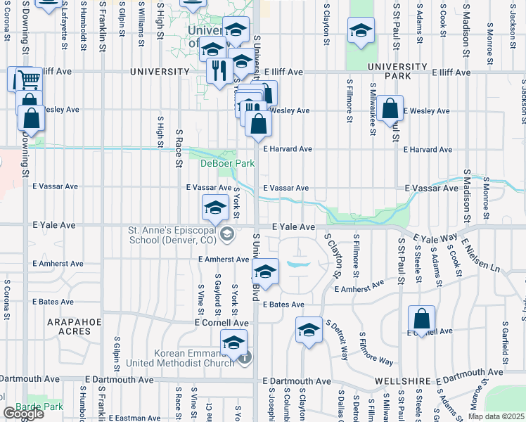 map of restaurants, bars, coffee shops, grocery stores, and more near 2601 South University Boulevard in Denver
