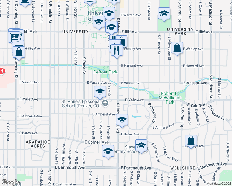 map of restaurants, bars, coffee shops, grocery stores, and more near 2601 South University Boulevard in Denver