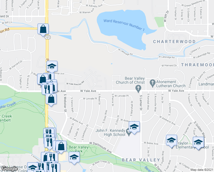 map of restaurants, bars, coffee shops, grocery stores, and more near 6819 West Yale Avenue in Lakewood