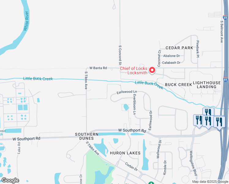 map of restaurants, bars, coffee shops, grocery stores, and more near 3036 Earlswood Lane in Indianapolis