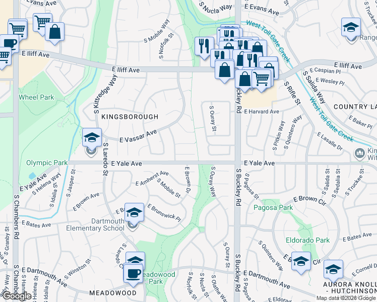 map of restaurants, bars, coffee shops, grocery stores, and more near 16511 East Villanova Place in Aurora