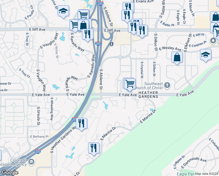 map of restaurants, bars, coffee shops, grocery stores, and more near 13801 East Yale Avenue in Aurora