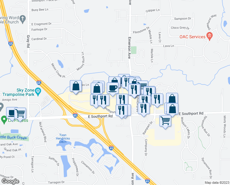 map of restaurants, bars, coffee shops, grocery stores, and more near 4850 East Southport Road in Indianapolis