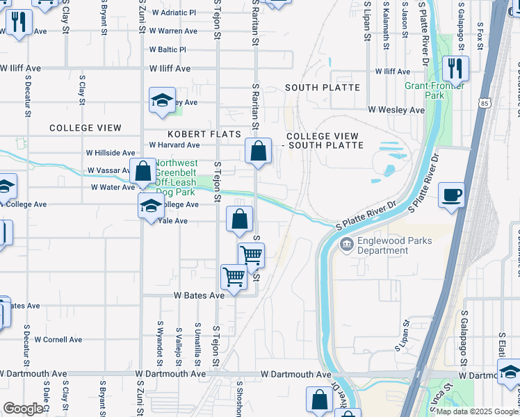 map of restaurants, bars, coffee shops, grocery stores, and more near 2609 South Raritan Street in Englewood