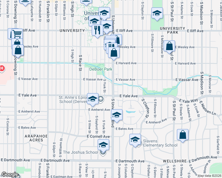 map of restaurants, bars, coffee shops, grocery stores, and more near 2601 South University Boulevard in Denver