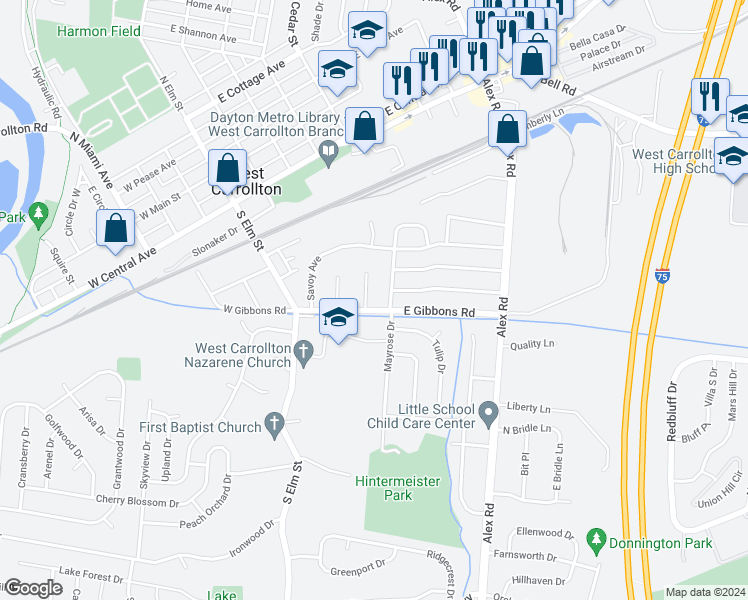 map of restaurants, bars, coffee shops, grocery stores, and more near 8 Redington Court in West Carrollton