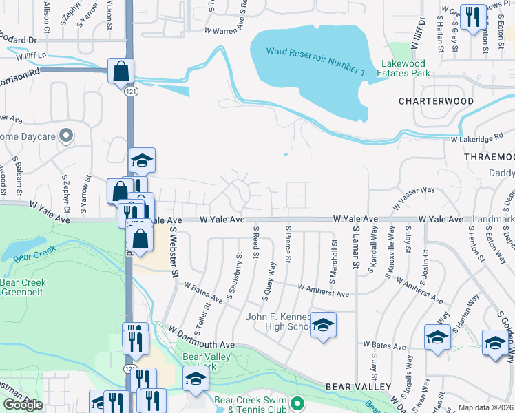 map of restaurants, bars, coffee shops, grocery stores, and more near 6969 West Yale Avenue Pvt Road in Denver