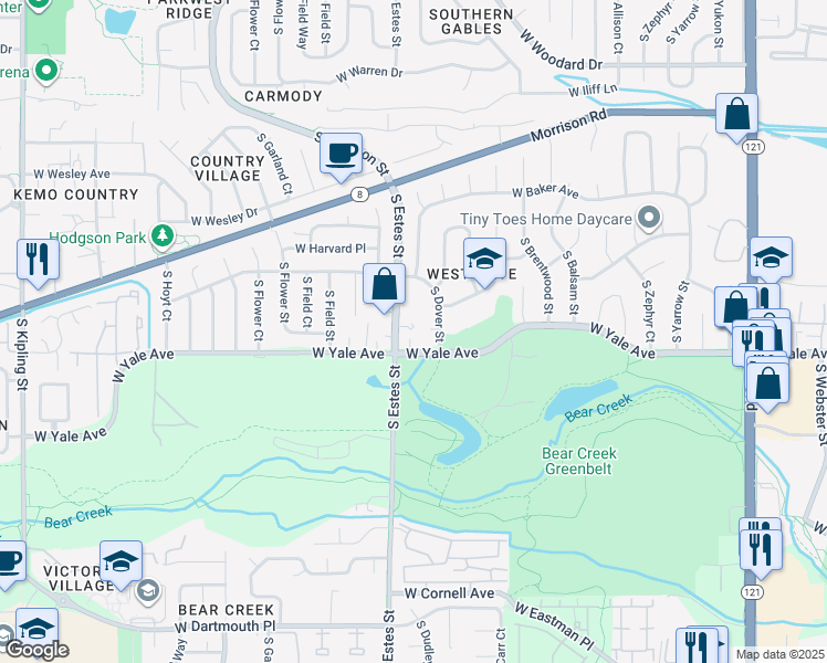 map of restaurants, bars, coffee shops, grocery stores, and more near 2557 South Dover Street in Lakewood