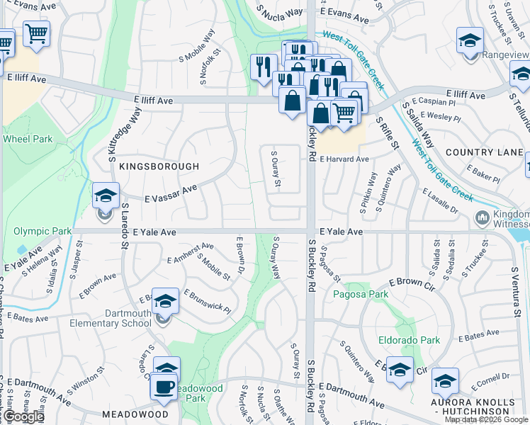 map of restaurants, bars, coffee shops, grocery stores, and more near 16591 East Villanova Place in Aurora
