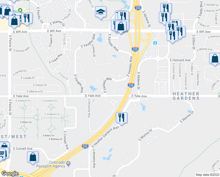 map of restaurants, bars, coffee shops, grocery stores, and more near 2640 South Xanadu Way in Aurora