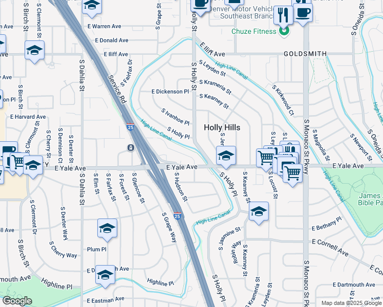 map of restaurants, bars, coffee shops, grocery stores, and more near 2610 South Holly Street in Denver