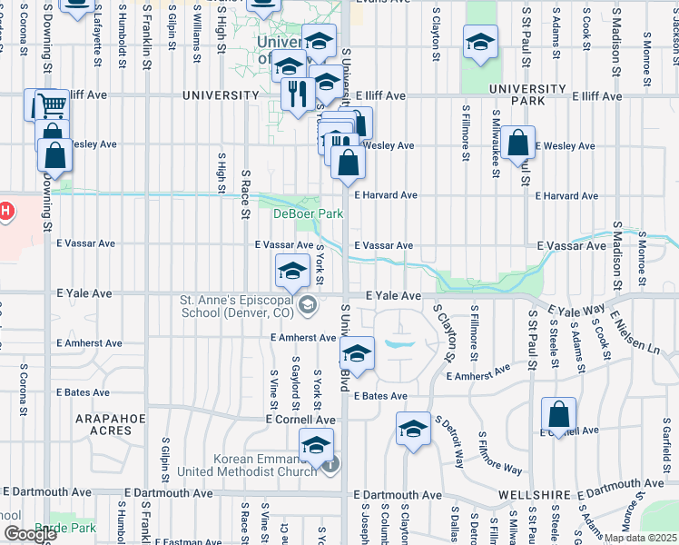 map of restaurants, bars, coffee shops, grocery stores, and more near 2601 South University Boulevard in Denver