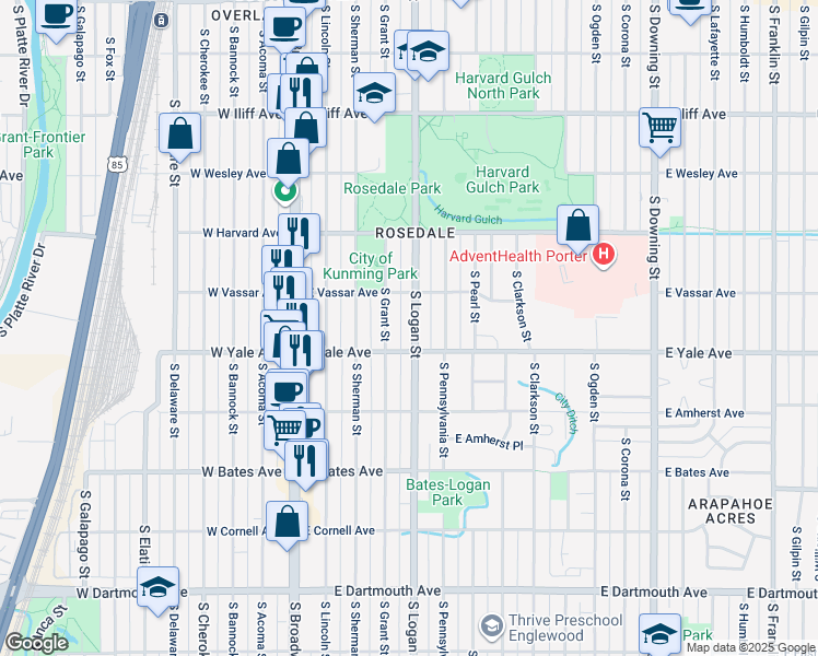 map of restaurants, bars, coffee shops, grocery stores, and more near 2618 South Grant Street in Denver