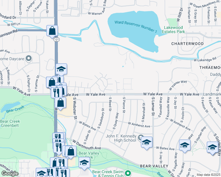 map of restaurants, bars, coffee shops, grocery stores, and more near 6969 West Yale Avenue Pvt Road in Denver