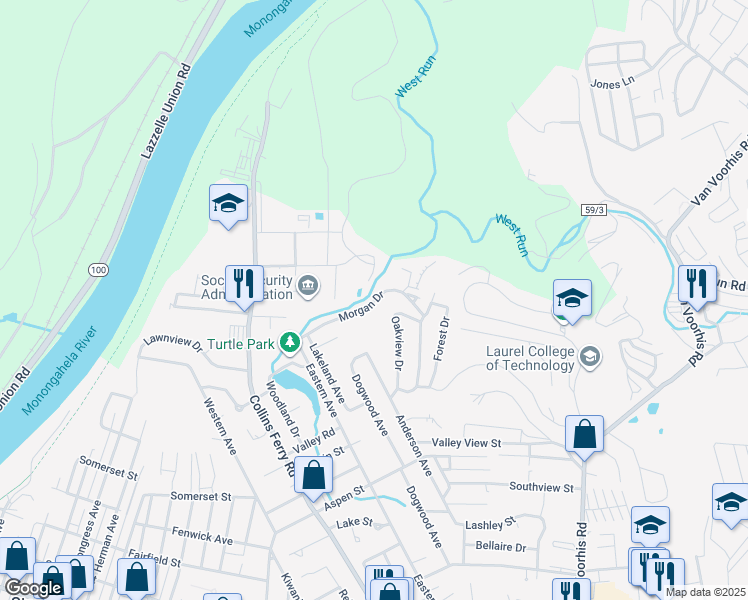 map of restaurants, bars, coffee shops, grocery stores, and more near 209D Morgan Drive in Morgantown