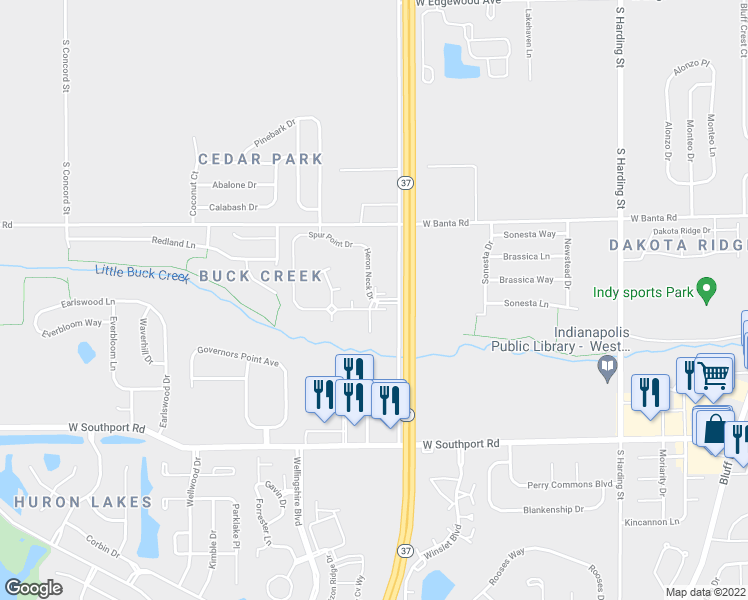 map of restaurants, bars, coffee shops, grocery stores, and more near 6440 Heron Neck Drive in Indianapolis