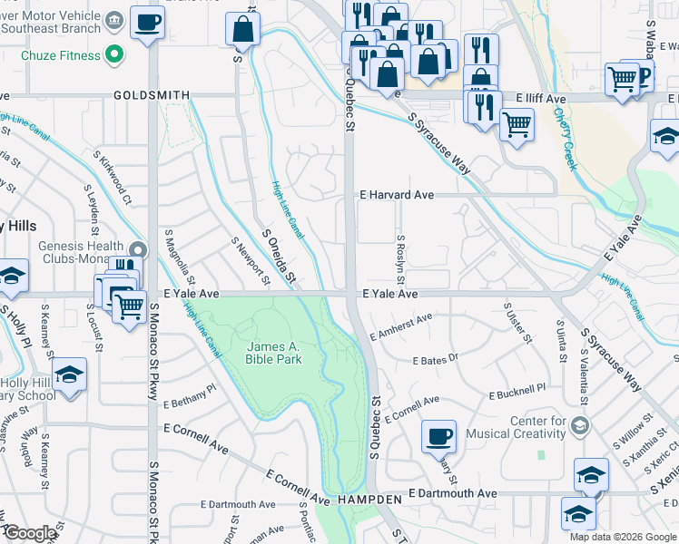 map of restaurants, bars, coffee shops, grocery stores, and more near 2609 South Quebec Street in Denver