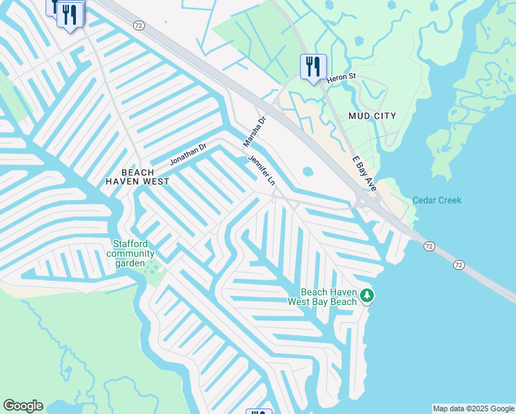 map of restaurants, bars, coffee shops, grocery stores, and more near 164 Morris Boulevard in Stafford Township