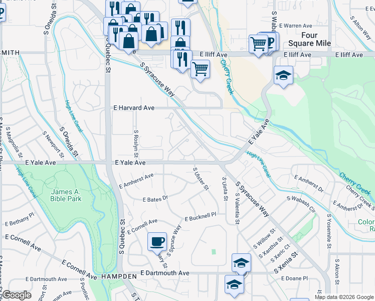 map of restaurants, bars, coffee shops, grocery stores, and more near 2575 South Syracuse Way in Denver