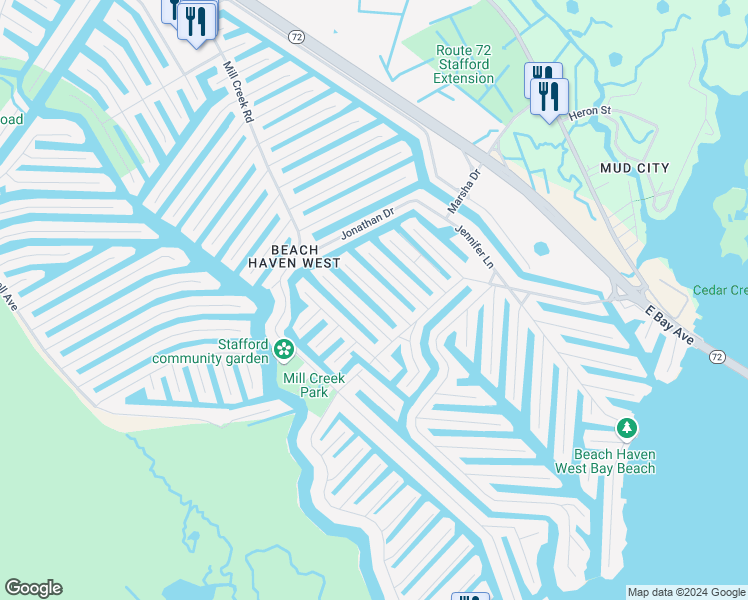map of restaurants, bars, coffee shops, grocery stores, and more near 40 Phyllis Lane in Stafford Township