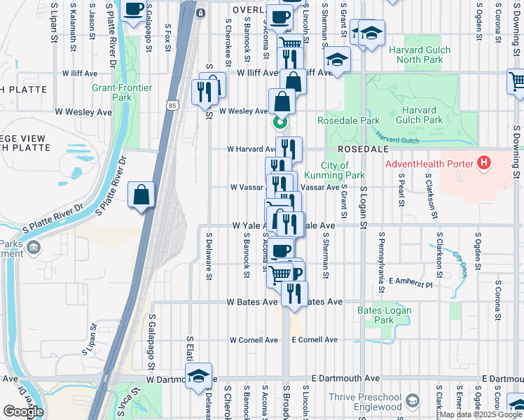 map of restaurants, bars, coffee shops, grocery stores, and more near 2659 South Acoma Street in Denver