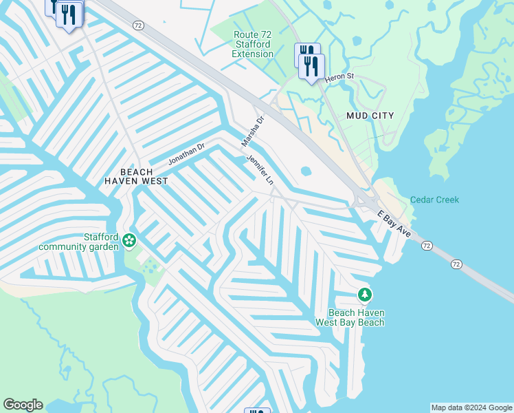 map of restaurants, bars, coffee shops, grocery stores, and more near 164 Morris Boulevard in Stafford Township