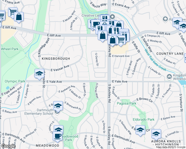 map of restaurants, bars, coffee shops, grocery stores, and more near 16591 East Villanova Place in Aurora