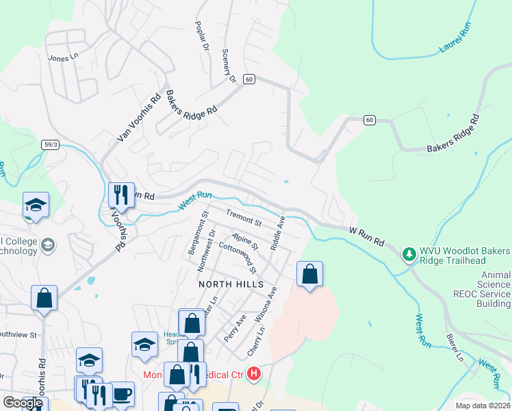 map of restaurants, bars, coffee shops, grocery stores, and more near 414 Creekside Drive in Morgantown