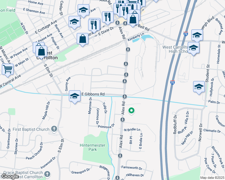 map of restaurants, bars, coffee shops, grocery stores, and more near in West Carrollton