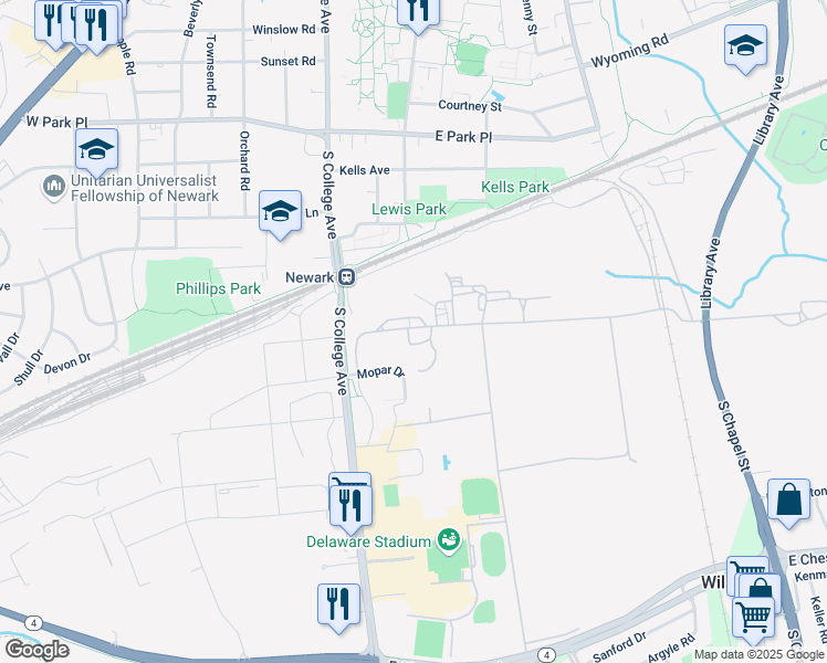 map of restaurants, bars, coffee shops, grocery stores, and more near 521 South College Avenue in Newark