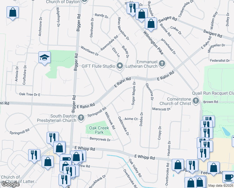 map of restaurants, bars, coffee shops, grocery stores, and more near 2410 East Rahn Road in Dayton