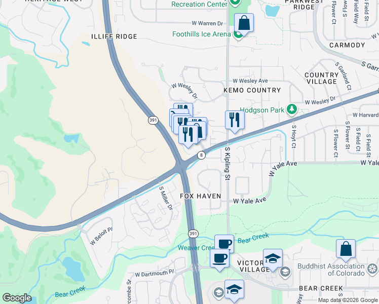 map of restaurants, bars, coffee shops, grocery stores, and more near 2599 South Lewis Way in Lakewood