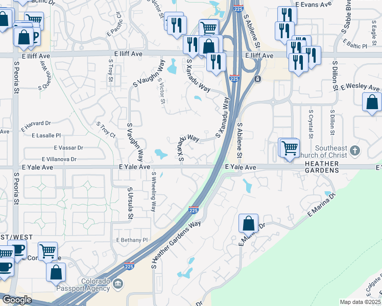 map of restaurants, bars, coffee shops, grocery stores, and more near 2652 South Xanadu Way in Aurora