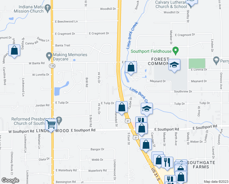 map of restaurants, bars, coffee shops, grocery stores, and more near 6768 South East Street in Indianapolis