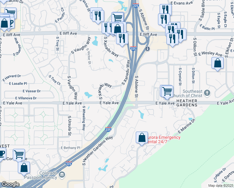 map of restaurants, bars, coffee shops, grocery stores, and more near 2608 South Xanadu Way in Aurora