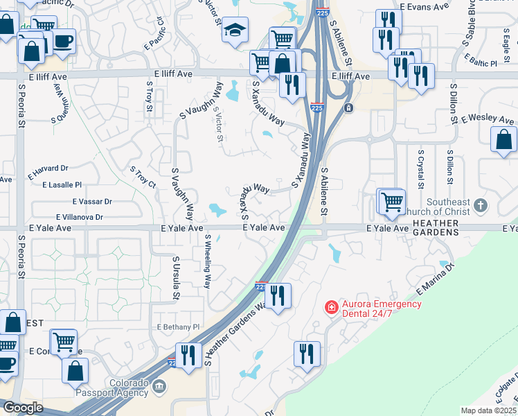 map of restaurants, bars, coffee shops, grocery stores, and more near 2640 South Xanadu Way in Aurora
